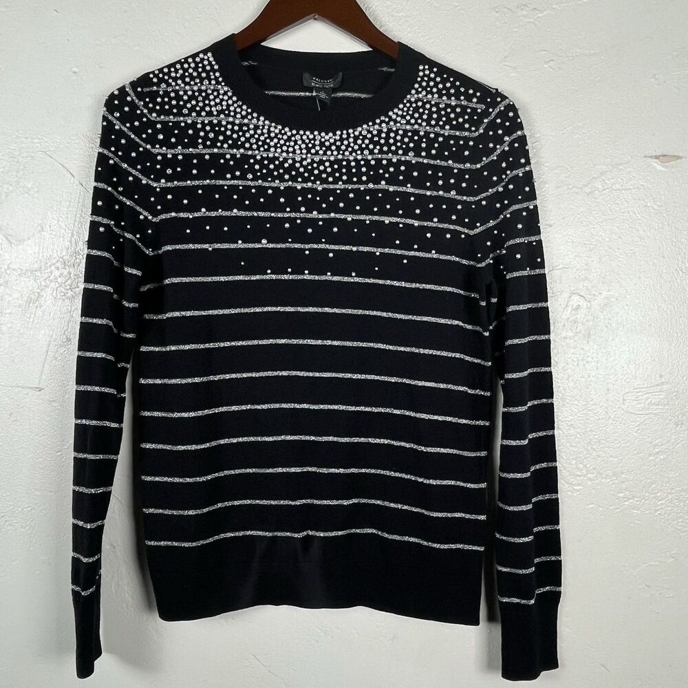 Halogen x Atlantic-Pacific Embellished Stripe Sweater Black Pearl Rhinestone - Picture 10 of 13